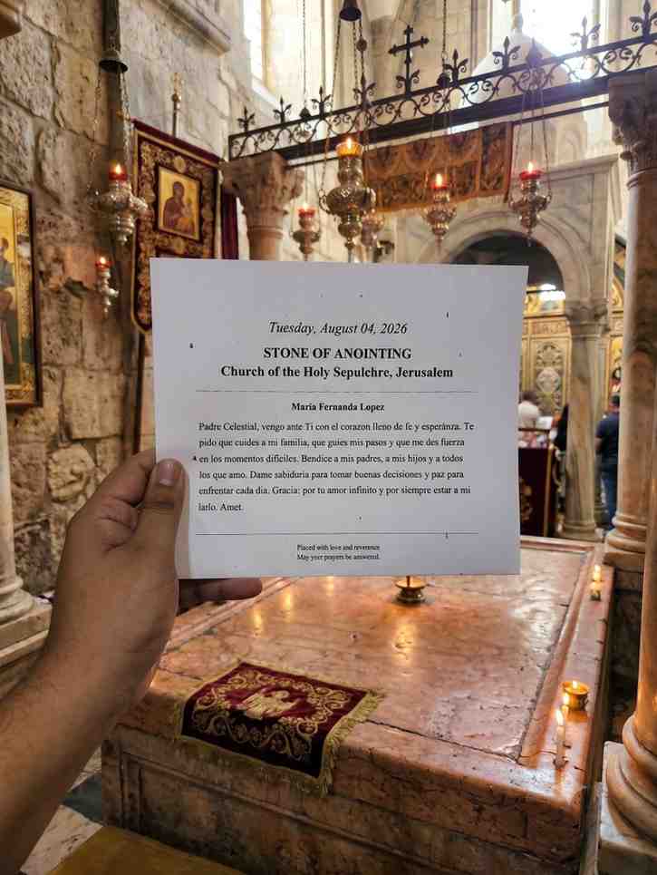 Photo confirmation of a prayer placed at the Stone of Anointing